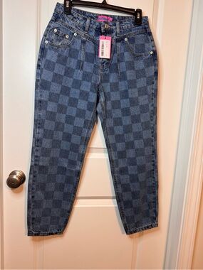 Edikted Blue Checkered Boyfriend Jeans with Pink Tag
